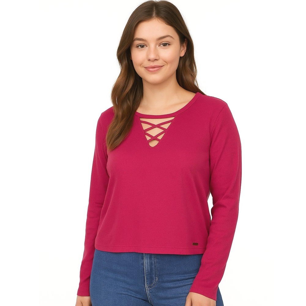 Hollister Cropped‎ Top Classic Pink Berry V-Neck Long Sleeve Relaxed Fit Ribbed